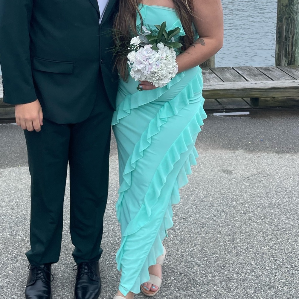 Turquoise Ruffled Strapless Prom Dress